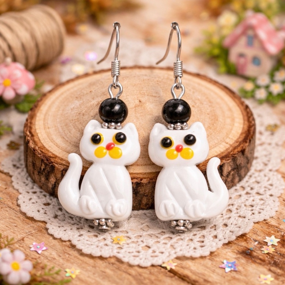 Handmade Glass Cat Earrings Black Bead Stainless Hooks Cute Artisan